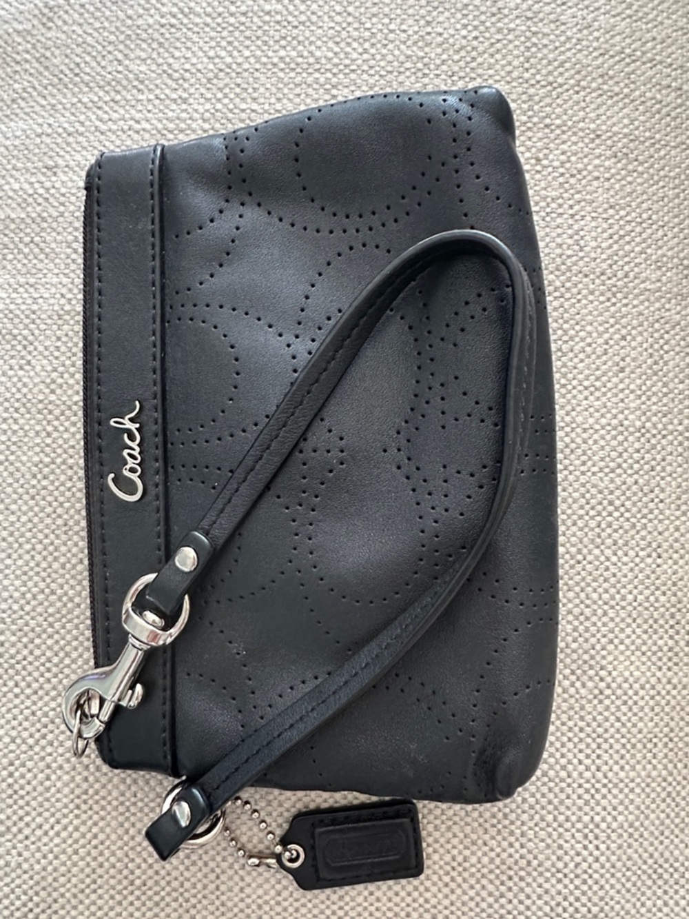 Vintage Coach Black Perforated Leather Wristlet with Silver Hardware